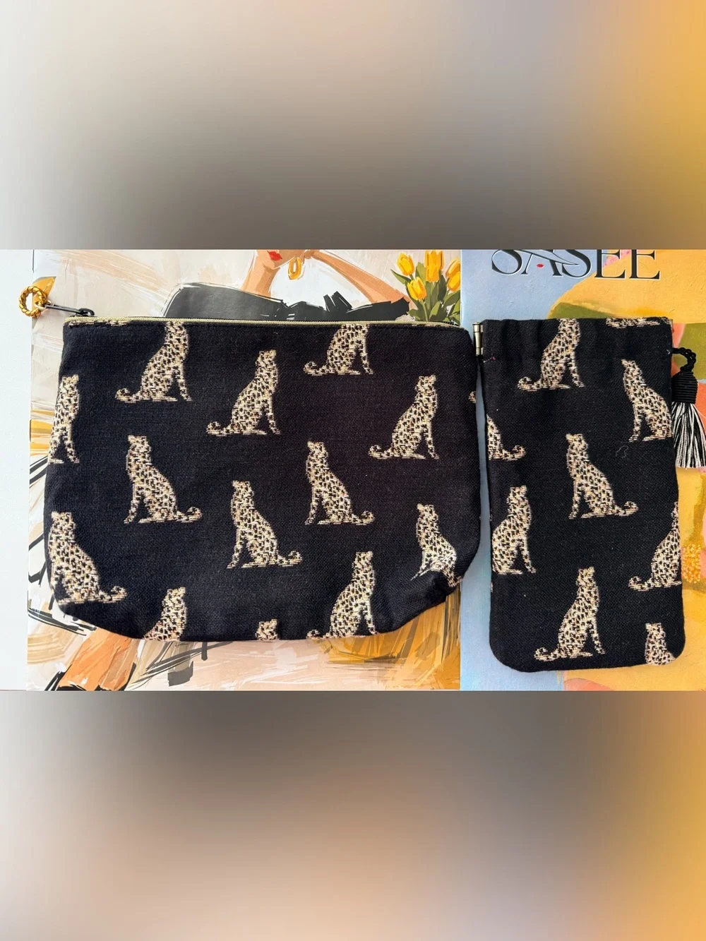 Belle Branchee Black Leopard Print Cosmetic Pouch Set